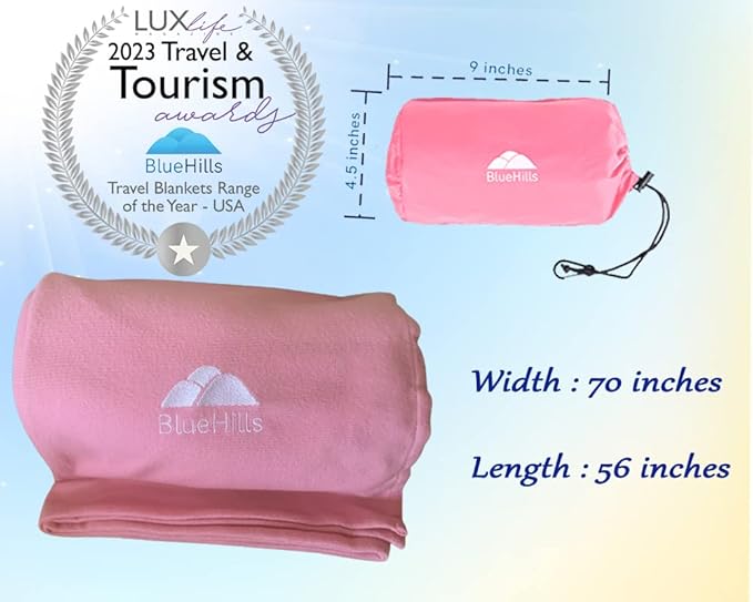 BlueHills Ultra Compact Travel Blankets Value Pack Set of 2 - Airplane Traveling Essentials Soft Flight Blanket Throw in a Portable case with Strap for Travel Gift – Peacock Teal and Pink