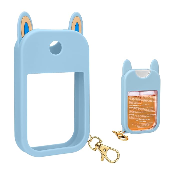 AIERSA Hand Sanitizer Spray Case Compatible with Touchland,Rabbit Ears Design Silicone Hand Sanitizer Case Holder with Keychain for Touch Land Mist Case 1FL. OZ (Blue)