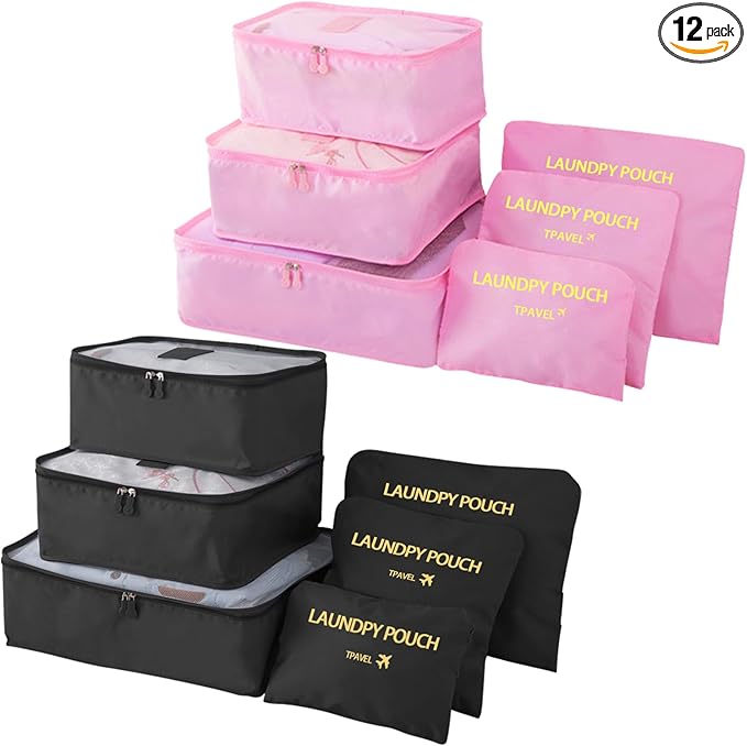 12 Set Packing Cubes for Travel Luggage Packing Bags Reusable Waterproof Suitcase Organizer Bags Set with Shoe Bag and Toiletry Bag (Black+Pink)