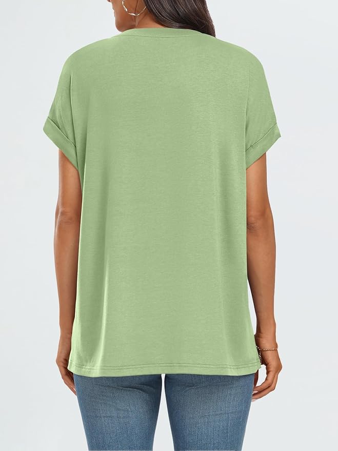 AUTOMET Women's Oversized Short Sleeve T Shirts Casual Drop Shoulder Rolled Cuff Summer Tops for Work, Travel and Lounge