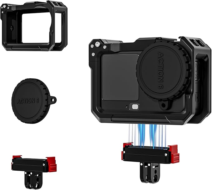 Camera Cage for DJI Osmo Action 6 Case,Release Aluminum Base with 1/4" Thread & Foldable Connector for Tripods,Silicone Lens Guard Cap, Supports Vertical & Horizontal Shooting