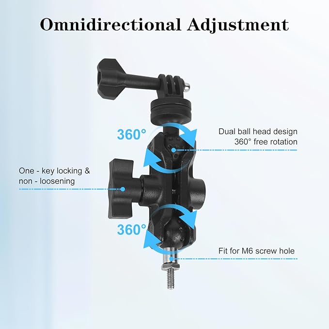 Camera Mount with 360°Dual Ball Head, Motorcycle Handlebar Mounting Bundle Kit for lnsta360 X5/X4/X3/X2/Gopr01/4-20 & Tripod Adapter, Action Camera Mount Adapter for M6 Hole Base,75017