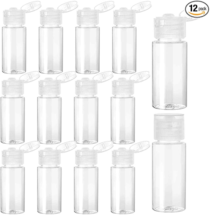 KALIONE Travel Size Make up Sample Containers, 12 Clear Plastic Mini Travel Bottles, 1/2 Oz, Leak Proof, User-Friendly, Versatile Usage for Travel Liquid Toiletries