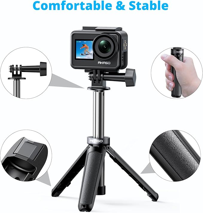 AKASO Mini Selfie Stick Tripod Lightweight Extension for Shooting Video Vlog Accessories Compatible with AKASO EK7000/Brave 4/Brave 7/Brave 8/GoPro Hero 13/12/11/DJI Osmo Action/ODDV Action Camera