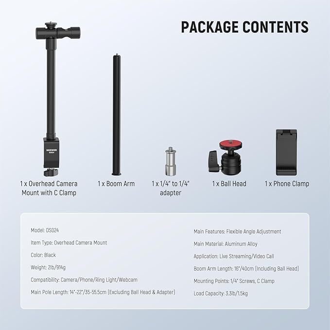 NEEWER Overhead Camera Desk Mount with Swivel Boom Arm, 1/4" Ball Head, Phone Holder & C Clamp, 22"/55.5cm Adjustable Webcam Mic Stand for LED Light Microphone Streaming Zoom Video Recording, DS024