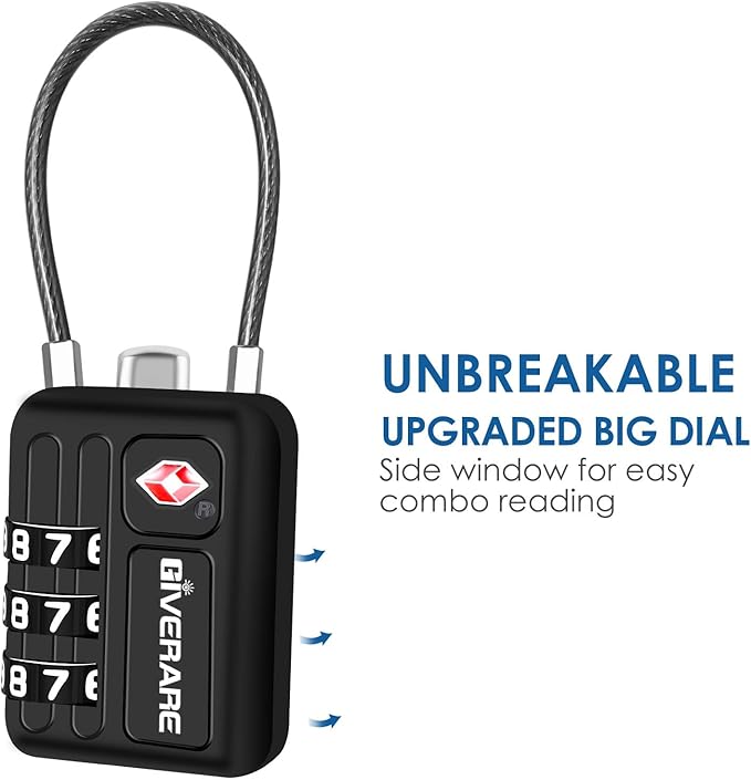 2 Pack TSA Approved Travel Luggage Locks, Metal Cable Combination Lock Alloy, Keyless 3-Digit Padlocks, Weatherproof TSA Accepted Padlock Toolbox Lock for Gym Locker, Golf Bag Case, Backpack, Black