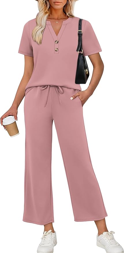 OFEEFAN 2 Piece Sets for Women Spring Fashion Beach Vacation Cruise Outfit Dressy Casual Wide Leg Crop Pants Resort Wear