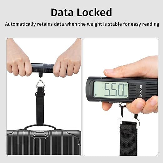 INFOOD Battery-Free Digital Luggage Scale, Suitcase Scale for Travel, Portable Luggage Weight Scale with Hook & LCD Display for Luggages, Packages & Bags, 110lb/50kg Handheld Scale, Black