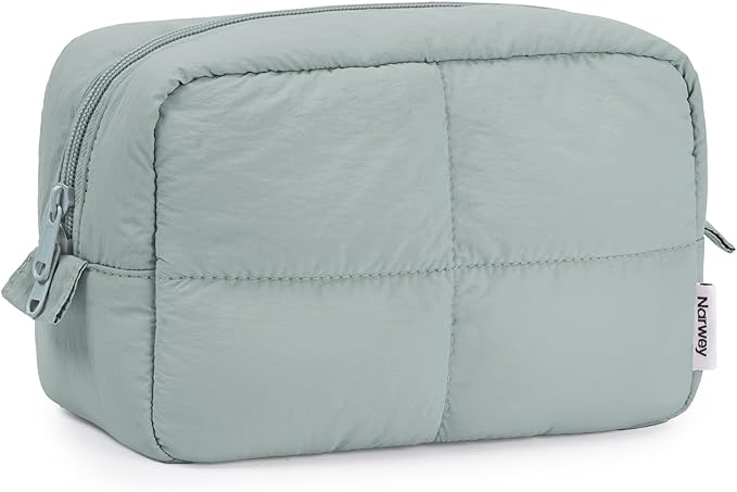 Narwey Makeup Bag Travel Toiletry Bag for Women Girls, Puffy Cute Cosmetic Bag Organizer Make up Bag with Compartments (Sage Green)