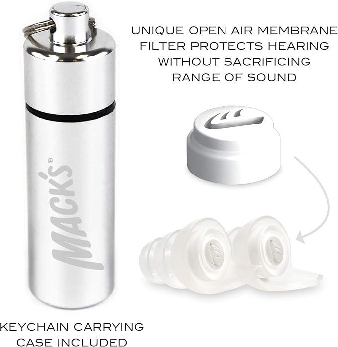Mack's High Fidelity Ear Plugs for Concerts, Musicians, Motorcycles, Noise Sensitivity - 1 Pair (2 Comfort Tip Sizes) - Clear Hear Plugs with Case