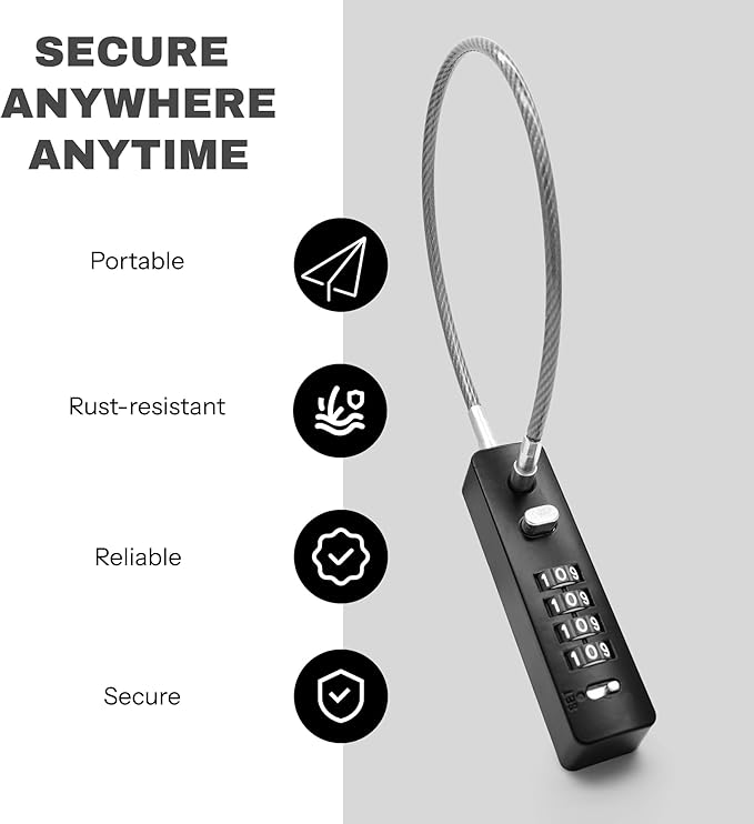 4 Digit Combination Cable Lock for Bike Scooter Motorcycle Helmet Anti Theft, 11.8" Cable Chain, Combo Travel Lock with Code for Luggage Suitcase Safe, Fridge, Fence Gate, Cabinet, Locker