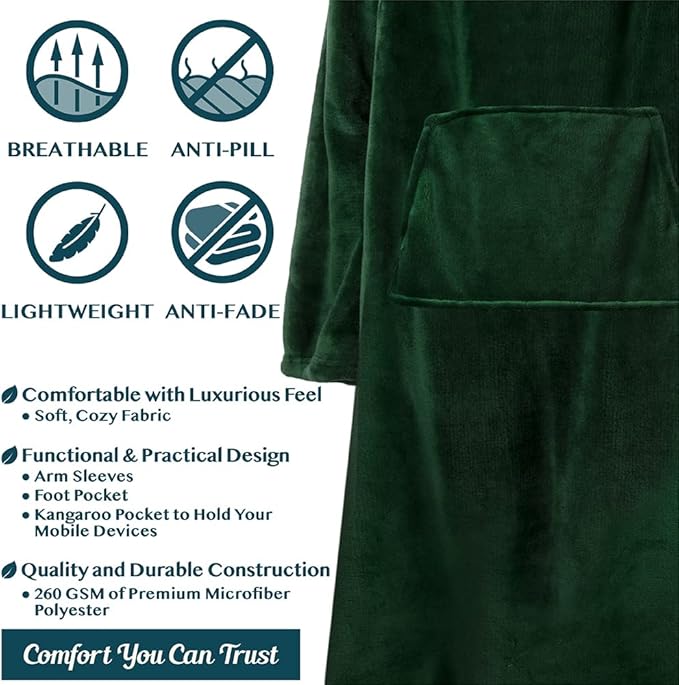 PAVILIA Fleece Blanket with Sleeves, Foot Pockets for Women Men Adults, Plush Wearable Blanket Throw Wrap, Warm Snuggle Blanket Robe, Cozy Gift Ideas Wife Mom, Dark Green