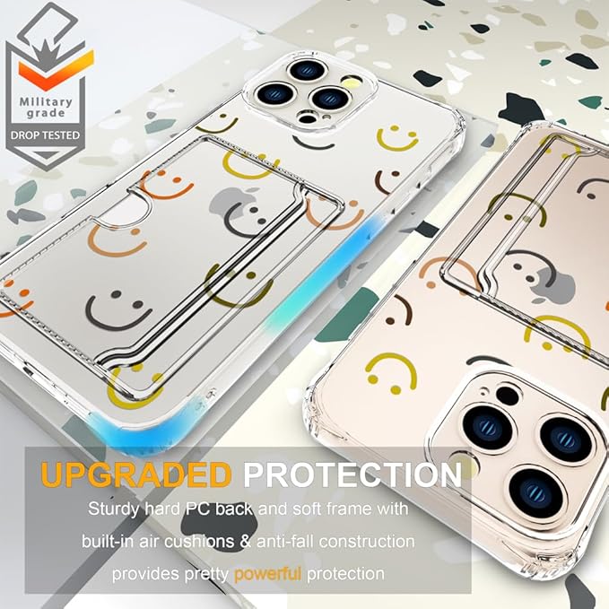 Compatible with iPhone 16 Pro Max Case Card Holder for Women Cute Design,Wallet Phone Cases Transparent Cool Kawaii Protective (Clear Smiley Face)