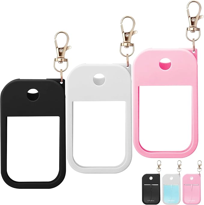 Hand Sanitizer Spray Case Compatible with TH 1 FL.OZ – 3 Pack Protective Silicone Holder with Metal Keychain