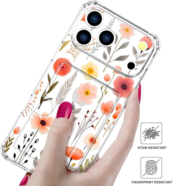 Compatible with iPhone 17 Pro Max Case Card Holder for Women Cute Design,Wallet Phone Cases Transparent Cool Kawaii Protective (Clear Flowers Leaves)