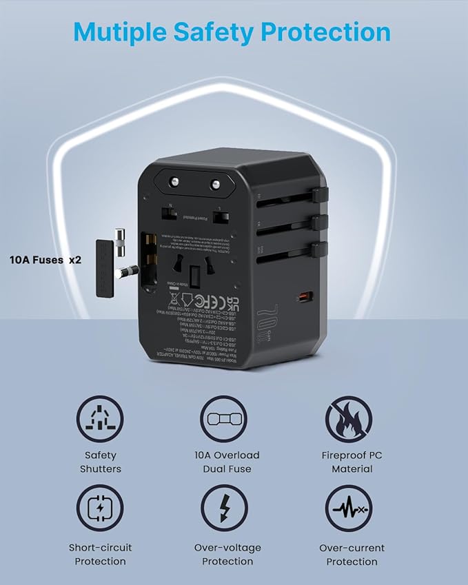 Universal Travel Adapter, VINTAR 70W GaN International Power Adapter with 5 USB Ports (3 USB-C), Worldwide Travel Plug Adaptor, All in One Travel Essentials Outlet Converter for UK/EU/USA/AUS, Black