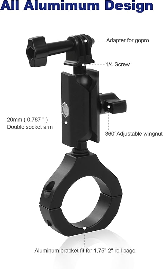 UTV Camera Mount for 1.75"-2" Roll Cage Mount - Compatible with GoPro, Mevo Start & More - Easy to Install Action Camera Accessories on Polaris RZR, Can Am - Durable Alu Alloy Made & 360° Rotation
