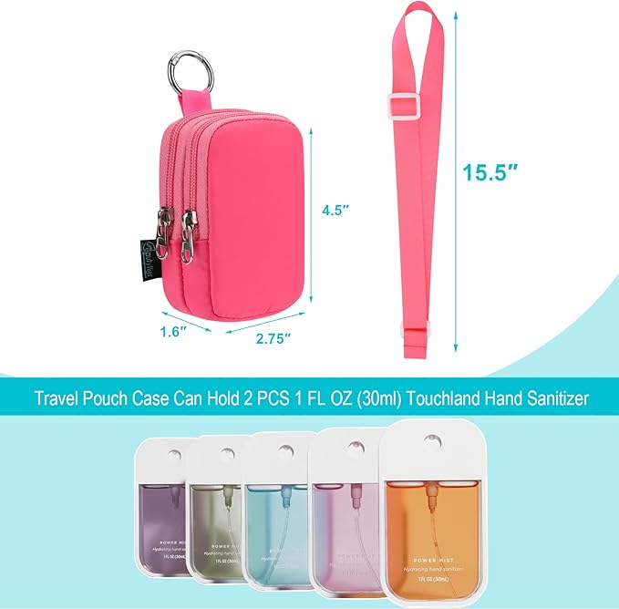 Beautyflier Double Pockets Hand Sanitizer Spray Case for Touchland Power Mist and Glow Mist 1FL OZ, Zipper Pouch for Hand Sanitizer Spray Bottle, with Extra Removable Neck Strap, Fits Travel