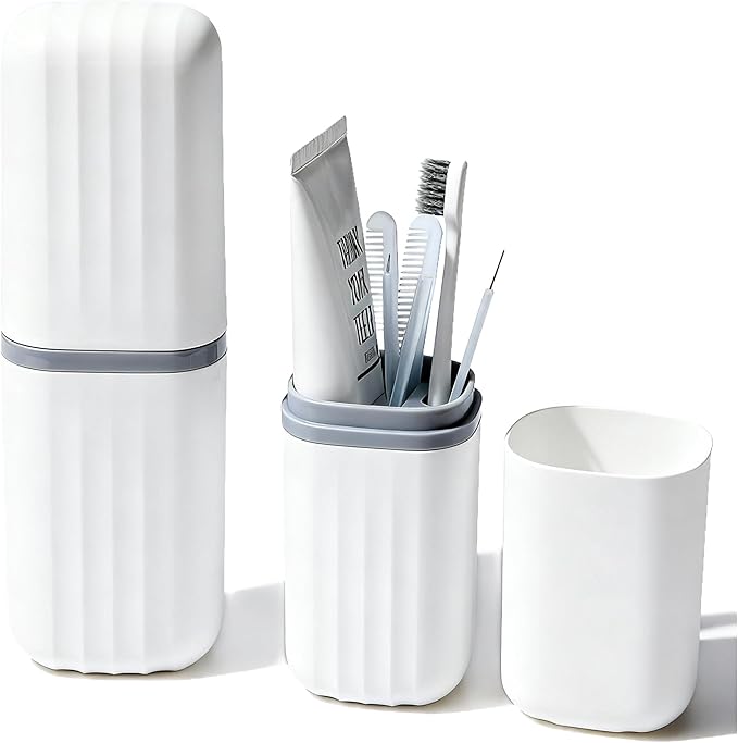 2-in-1 Travel Toothbrush Holder, Dustproof Toothbrush Travel Case with Mouthwash Cup, Portable Toothpaste Toothbrush Container for Traveling School Camping Business Trip Bathroom