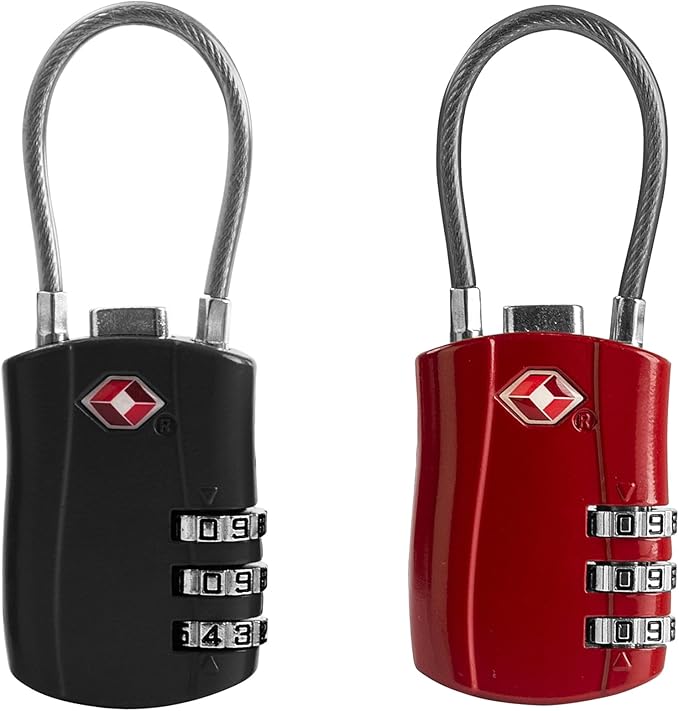 TSA Locks for Luggage, Small Padlock Combination with Cable, Luggage Locks TSA Approved, Combo Padlock with Code, for Travel Suitcase, Gym Locker, Gun Case, Backpack Zipper (Black+Red)