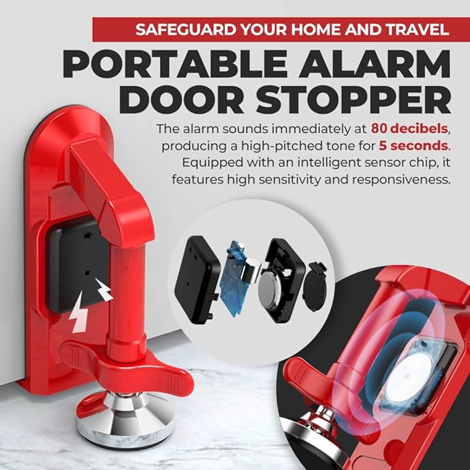 Portable Alarm Door Stopper - Strong Security Anti Theft Smart Lock for Travel Safety - Front Door Jammer Device for Apartment Hotel Home - No Drill Bottom Door Floor Blocker Brace with Siren
