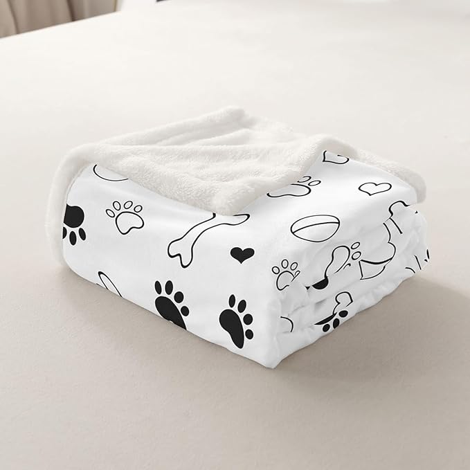 Dog Paws Print Kids Throw Blanket,Bones Love Heart Cute Bed Blanket for Girls Boys Adults,Cartoon Dogs Pets Paws Fleece Blanket,Black White Fuzzy Blanket,Queen Size (90 x 90 Inches)