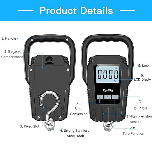 Fish Scale110lb/50kg Luggage Scale,Upgrade Large Handle & Backlit LCD Display, Suitcase Scale with Comfortable Handle & Large Hook & 2 AAA Batteries