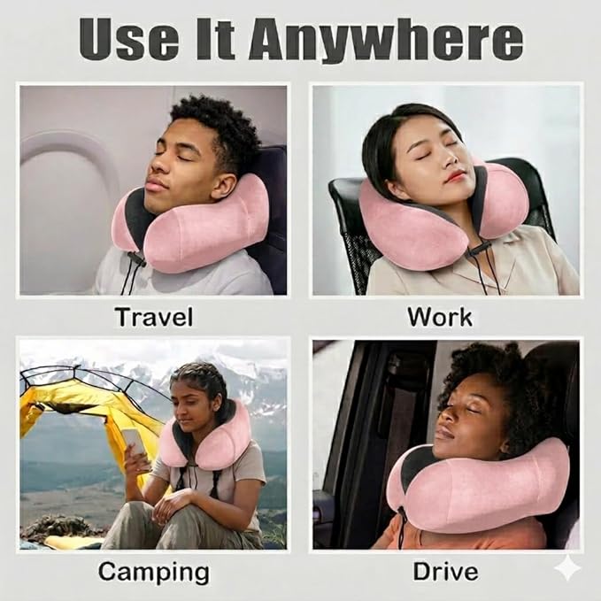 Airplane Travel Neck Pillow, 100% Memory Foam Ergonomic Neck Support, Airplanes Neck Pillow with Washable Cover Travel Essential for Flight Car & Office Includes Eye Masks, Earplugs & Carry Bag (Pink)