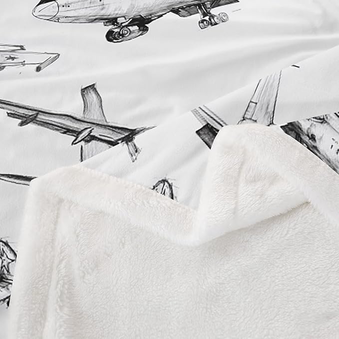 Airplane Kids Throw Blanket,American Aircraft Retro Bed Blanket for Girls Boys Adults,Air Vehicles Airplane Fleece Blanket,Black White Chic Fuzzy Blanket,Baby Size (30 x 39 Inches)