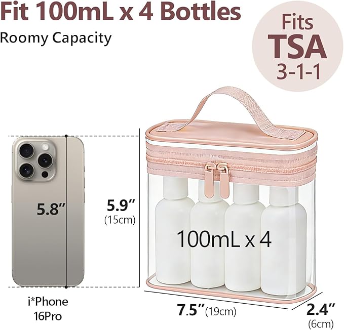 PACKISM TSA Approved Toiletry Bag 2 Pack - Quart Size Clear Makeup Bag with Handle & Dual Metal Zippers, Large Opening 3-1-1 Airline Compliant Security Travel Organizer for Carry On Liquids, Pink