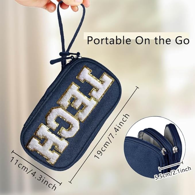 COSHAYSOO Small Electronics Organizer Bag with Chenille Letter Patch for Women Travel Gift, Cord Charger Cable Traveling Accessory Pouch Essential Supply Storage Case (Navy Blue)
