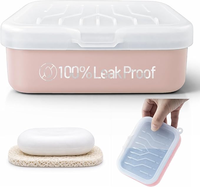 Leakproof Silicone Travel Soap Case: Compact Portable Bar Soap Case with Drainage Layer & Upgraded Lid - 2026 Travel Essentials for Camping, Gym, Shower & Carry-on Bags (Pink)