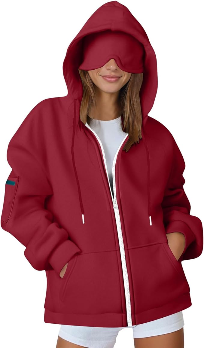 Zip Up Hoodie with Eye Mask Built In, Comfort Airplane Wearable Blanket Sweatshirt Men Women Sleep Clothes