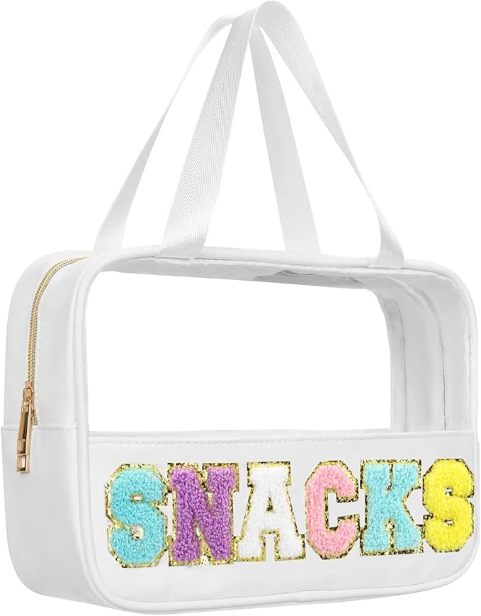 BuyCard Chenille Letter Patch Clear Travel Bags, Preppy PVC&Nylon Makeup Bag with Handle and Zipper, Waterproof Large Clear Travel Toiletry Bag Storage Bag for Women Girls