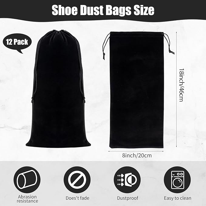 Wesiti 12 Pcs 8 x 18 Inch Shoe Bags for Travel Flannel Fabric Shoe Dust Bag with Drawstring Flannel Pouch Washable Breathable Covers Protecting Storing Boots Travel Luggage
