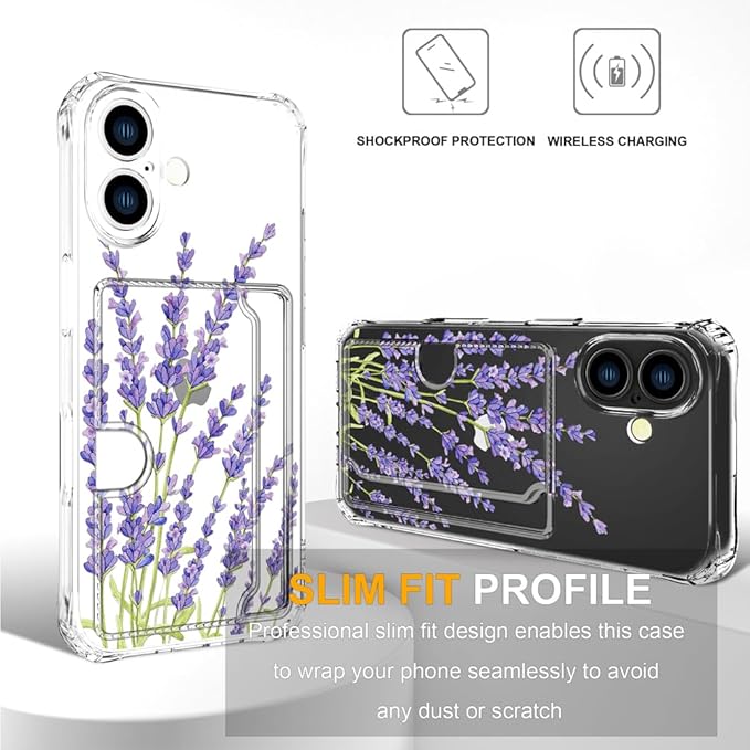 Compatible with iPhone 16 Plus Case Card Holder for Women Cute Design,Wallet Phone Cases Transparent Cool Kawaii Protective (Clear Purple Lavender)