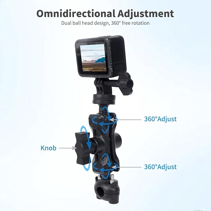 Bike Motorcycle Camera Mount Bundle Kit, 1/4" Screw & Tripod Mount Adapter, 360°Rotating Ball Head Base - Super Clamp Mounting for Most Action Camera, Rearview Mirror(0.35"-0.47") 75015