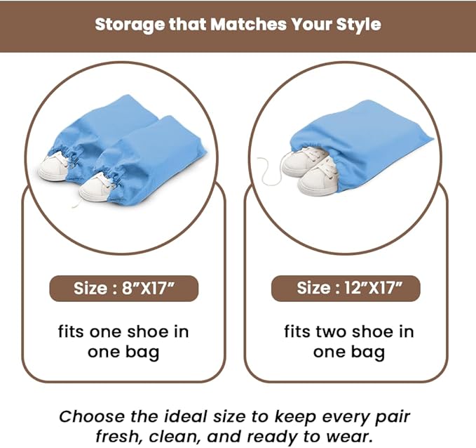 LFH Cotton Rich Shoe Storage Bags with Drawstring, Dustproof Breathable Reusable Organizer, Perfect For Travel, Dorm, Hotel, College, Gym, Easy to Carry, Machine Washable 8"x17" (Pack of 2) - Sky Blue