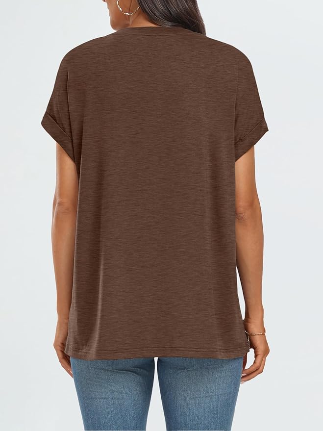 AUTOMET Women's Oversized Short Sleeve T Shirts Casual Drop Shoulder Rolled Cuff Summer Tops for Work, Travel and Lounge