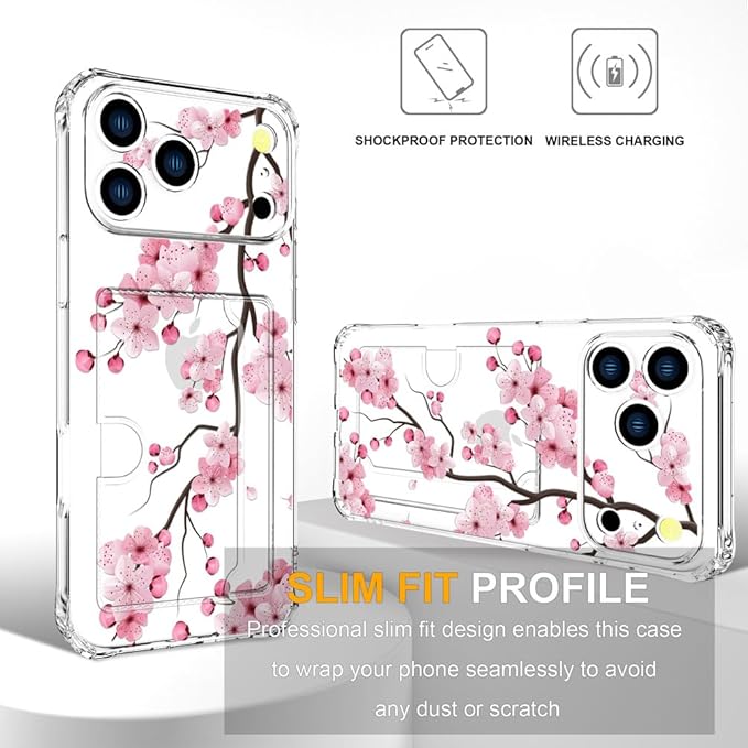 Compatible with iPhone 17 Pro Max Case Card Holder for Women Cute Design,Wallet Phone Cases Transparent Cool Kawaii Protective (Clear Sakura Peach Cherry)