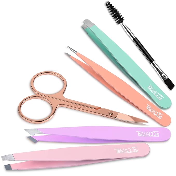 TsMADDTs 6 pcs Tweezers Set for Women, Eyebrow Tweezers with Curved Scissor for Ingrown Hair, Hair Plucking Daily Beauty Tools with Leather Travel Case