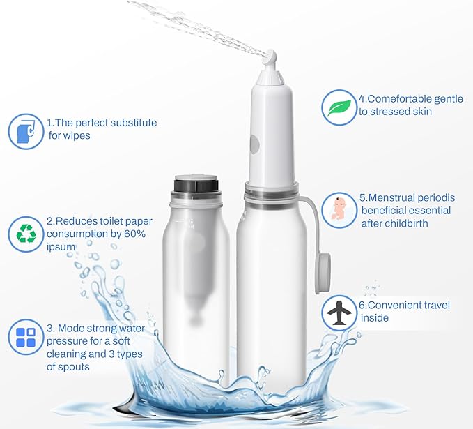 Portable Bidet for Travel with 6 Spray Settings, High Pressure Handheld, Rechargeable Electric Portable Bidet for Women & Men (White)