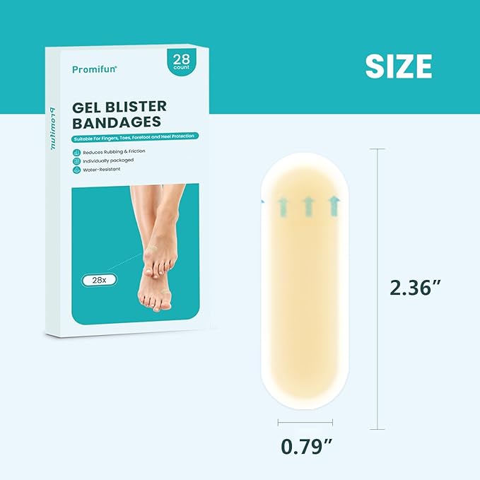 Promifun Blister Bandages - 28 ct Hydrocolloid Cushions for Foot, Toe, Heel - Water Resistant Gel Pads for Prevention & Recovery, Bunion Pack