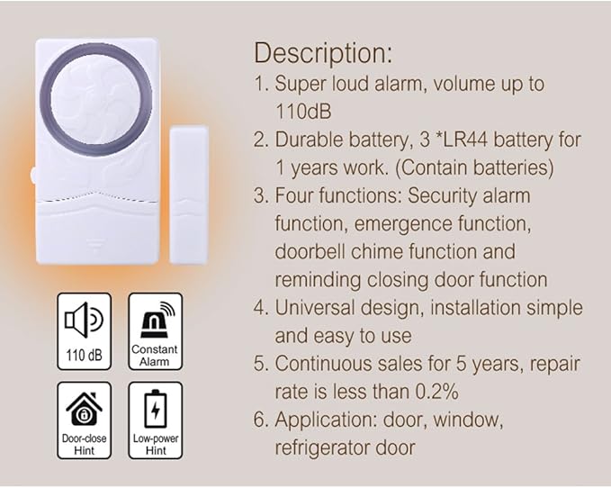 Wireless Home Security burglar alarm, Magnetic Sensor Door Window Alarm, Super Loud 110dB, Pool Door Alarm for Kids Pack of 4