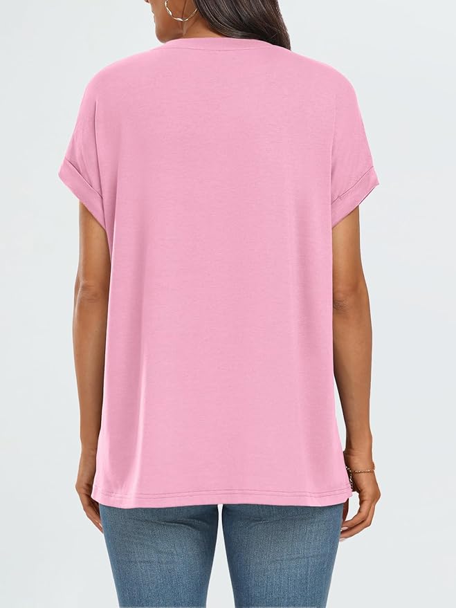 AUTOMET Women's Oversized Short Sleeve T Shirts Casual Drop Shoulder Rolled Cuff Summer Tops for Work, Travel and Lounge