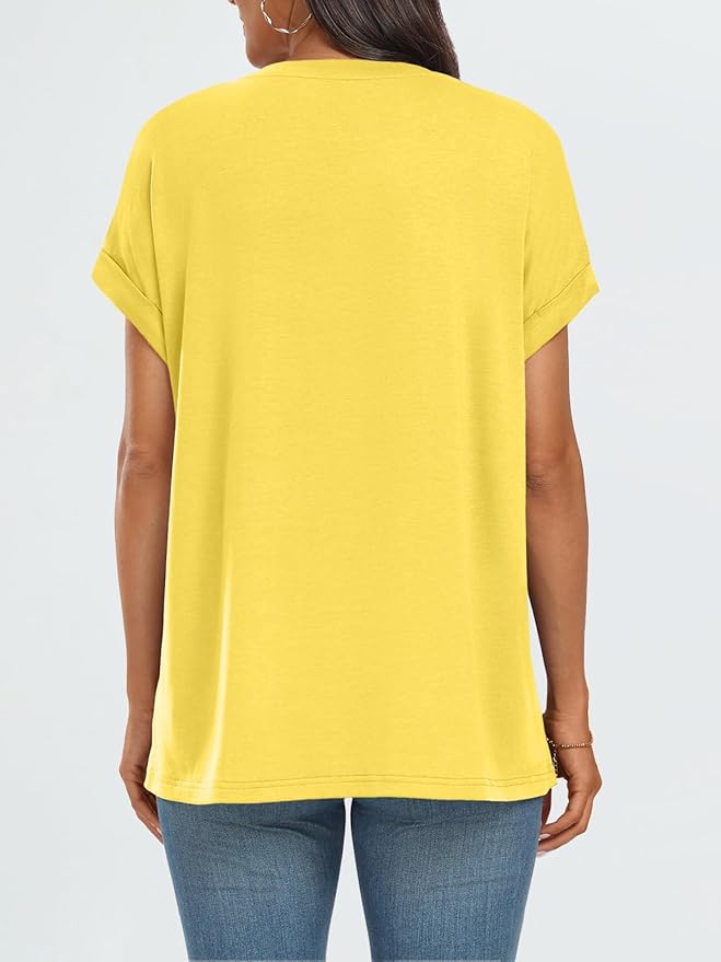 AUTOMET Women's Oversized Short Sleeve T Shirts Casual Drop Shoulder Rolled Cuff Summer Tops for Work, Travel and Lounge
