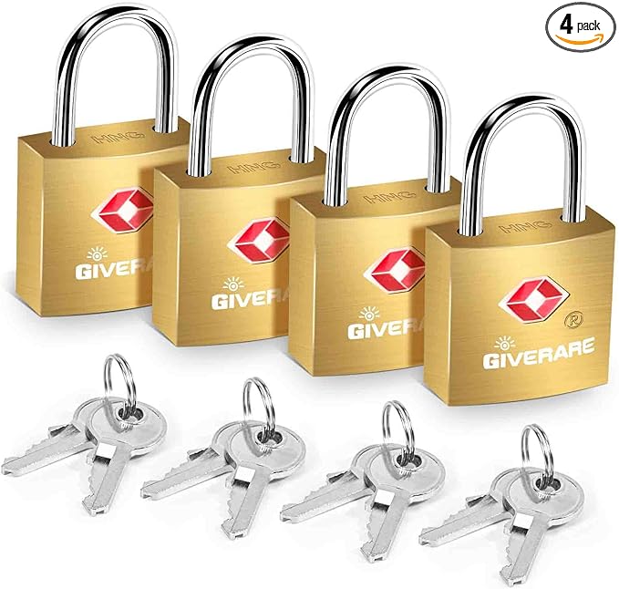 4 Pack TSA Approved Travel Luggage Locks with Keys, Solid Brass Copper Keyed Padlock, Small Locks for Suitcase, Backpack, Gym Locker, Jewelry Box, Gold-by GIVERARE