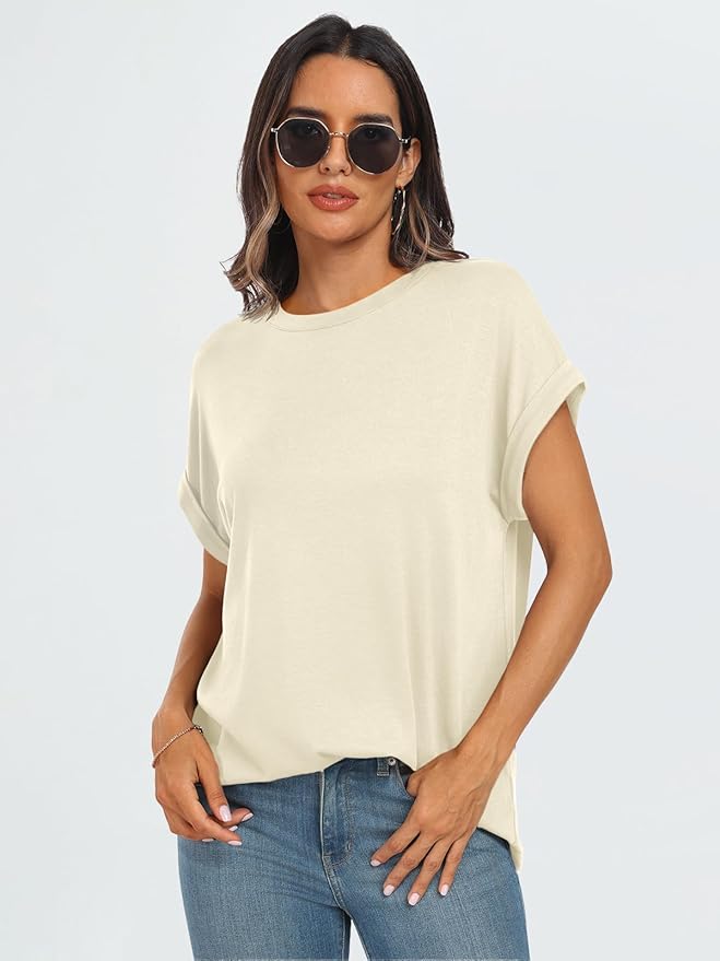 AUTOMET Women's Oversized Short Sleeve T Shirts Casual Drop Shoulder Rolled Cuff Summer Tops for Work, Travel and Lounge