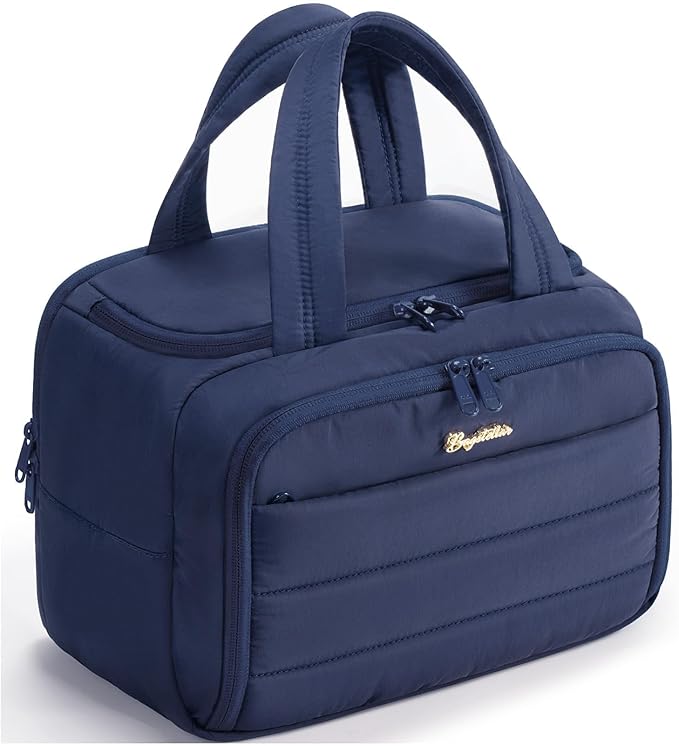 Bagstellar Travel Toiletry Bag for Women, Lightweight Large Quilted Puffy Makeup Bag Wide-open Make up Organizer Cloud Cosmetic Bag w/Handle for Traveling Toiletries Essentials Accessories Navy Blue