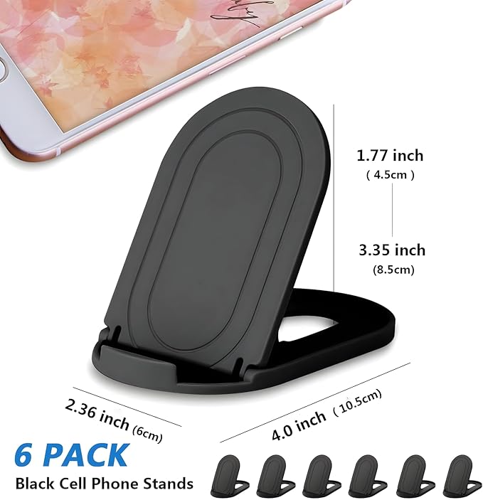 Cell Phone Stand [6 Pack], Adjustable Desktop Phone Holder for Desk, Foldable Travel Accessories, Portable Multi-Angle Dock Compatible with iPhone 17 16 15 14 Pro Max, Kindle, All Smartphones - Black